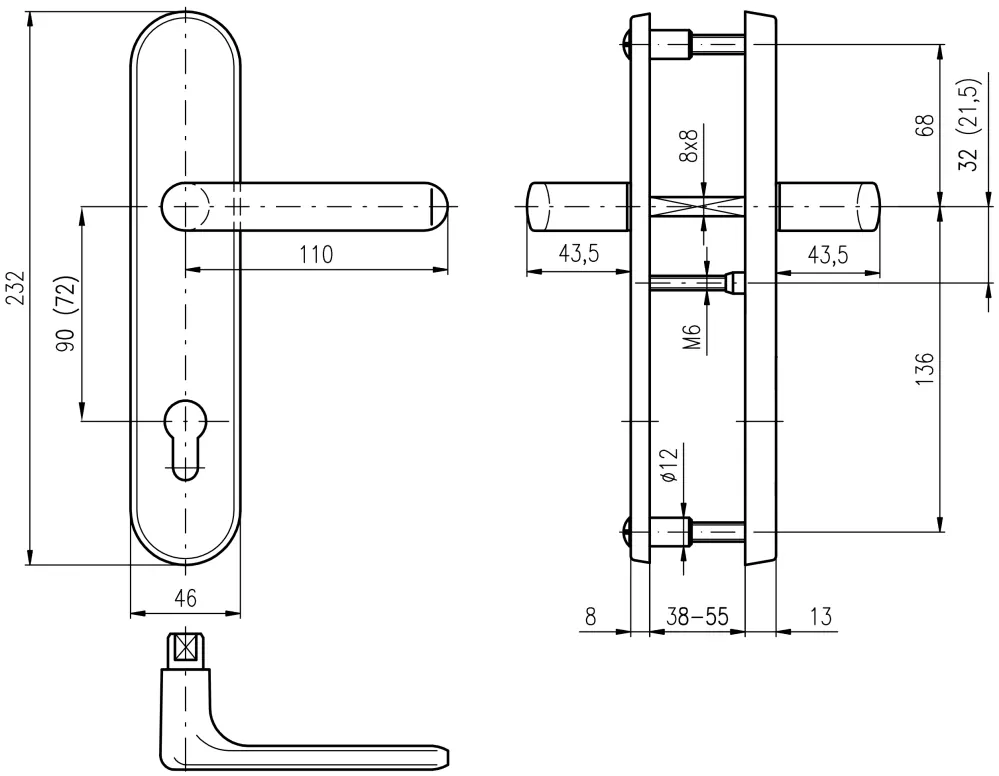 Bezpečnostní dveřní kování ROSTEX 807/O EXCLUSIVE bez krytu 72 mm klika/klika titan lesklý