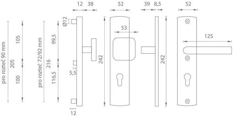 Bezpečnostní dveřní kování AXA PRESTIGE bez krytu 72 mm klika/madlo přírodní elox