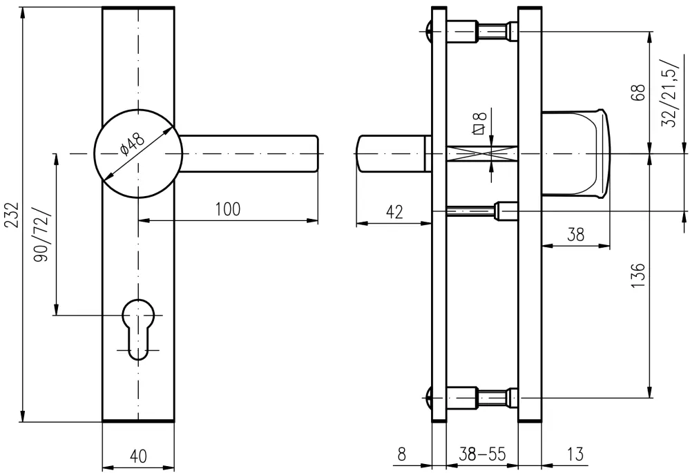 Bezpečnostní dveřní kování ROSTEX 802 bez krytu 72 mm klika/madlo chrom lesklý
