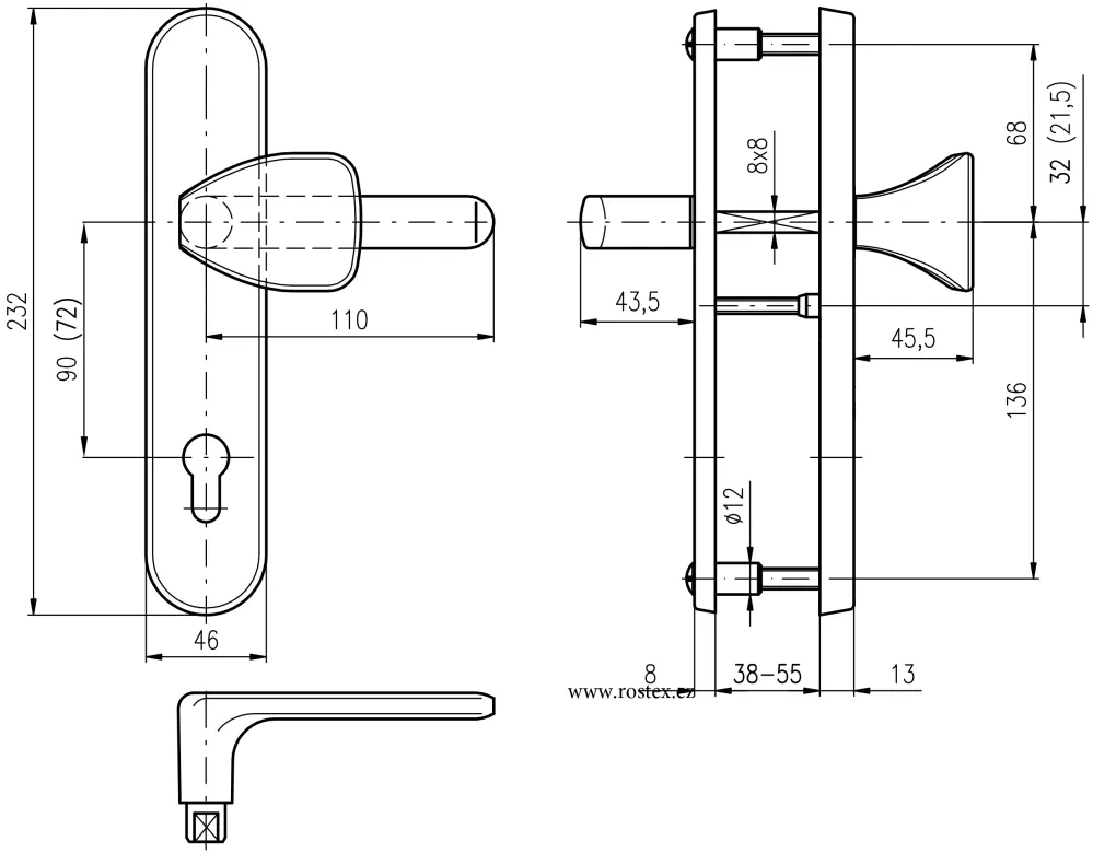 Bezpečnostní dveřní kování ROSTEX 802/O EXCLUSIVE bez krytu 72 mm klika/madlo saténový nikl