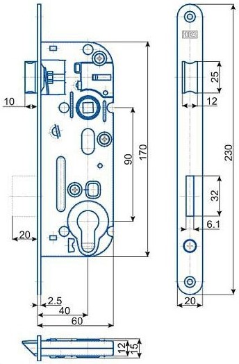 Zadlabací zámek HOBES 02-04 vložkový 90/60 pravolevý