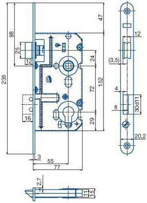 Zadlabací zámek HOBES K 221 vložkový 72/77 pravý