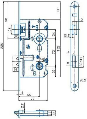 Zadlabací zámek HOBES K 222 WC 72/77 pravý