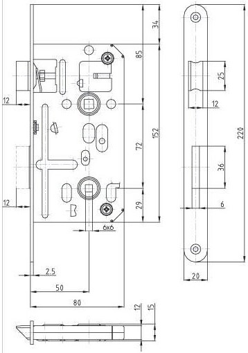 Zadlabací zámek HOBES K 135 WC 72/80 pravolevý