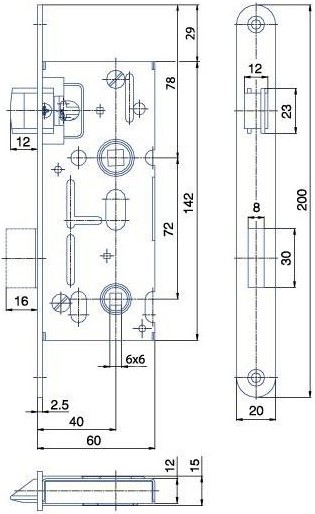 Zadlabací zámek HOBES K 111 WC 72/60 pravolevý