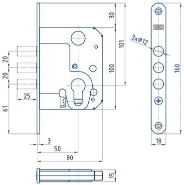 Zadlabací zámek HOBES 2834 vložkový závorový 80 mm pravolevý